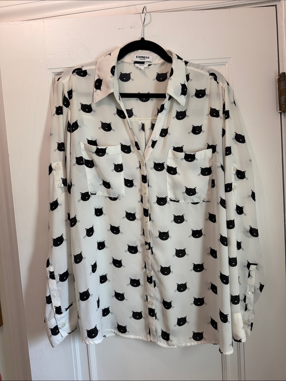 Express White Blouse with Black Cat Face Print
